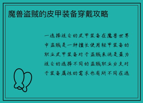 魔兽盗贼的皮甲装备穿戴攻略