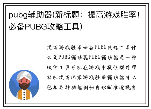 pubg辅助器(新标题：提高游戏胜率！必备PUBG攻略工具)